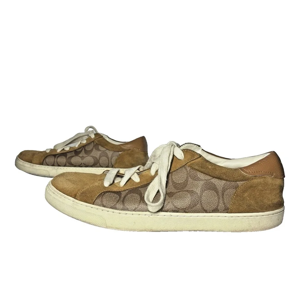 Coach Signature Logo Canvas Low Top Sneakers Beige Brown Khaki Suede Mens 11.5